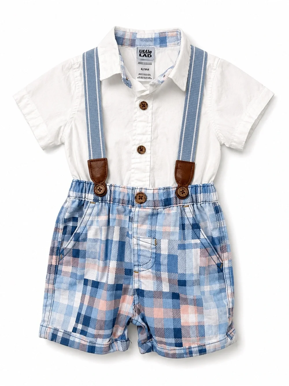 Little Me Blue and Cream Plaid Suspender Shorts Set